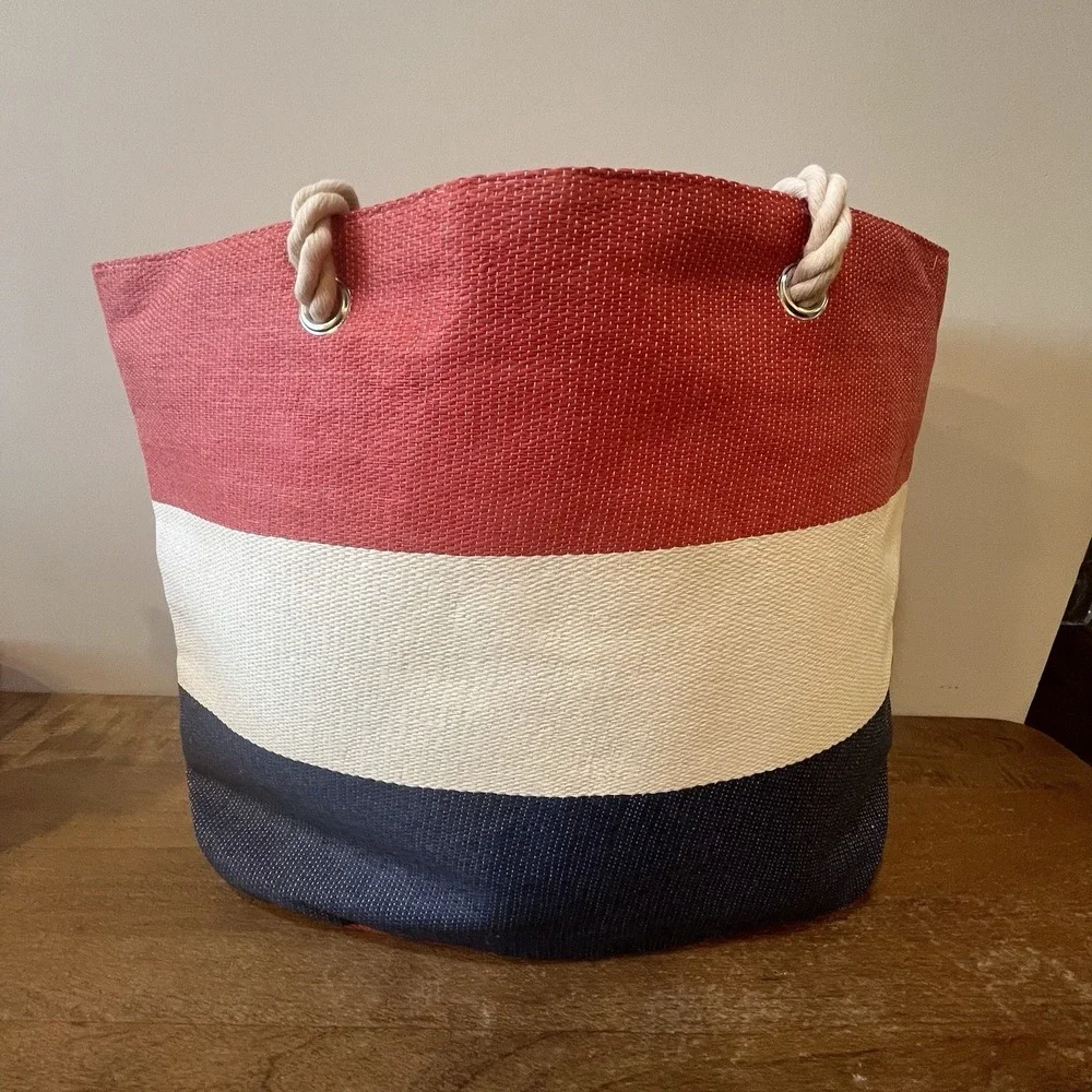 Large Nautical Beach Tote Pool Bag Rope Handles Red White Blue Coastal Vacation